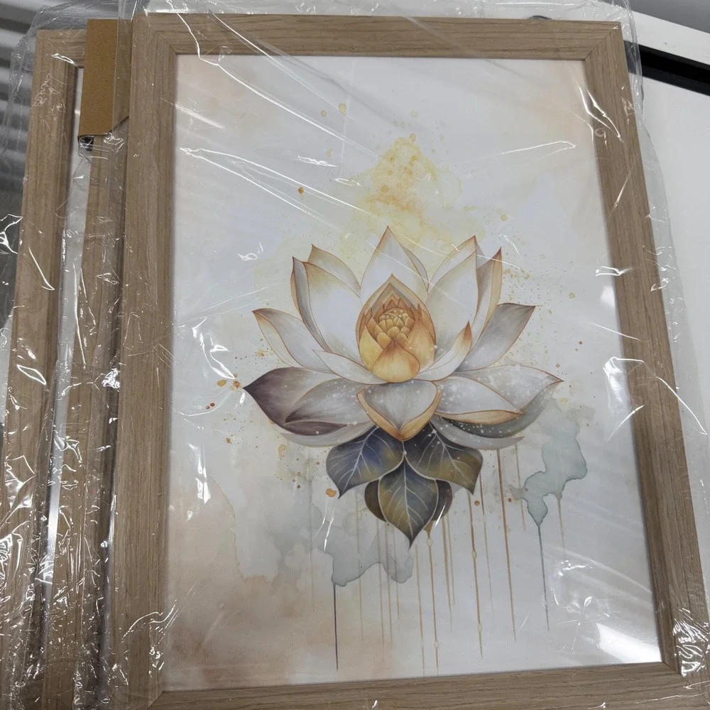 Set 3 Zen Buddha Lotus Tree of Life Framed Canvas Wall Art Gold Beige 12x16